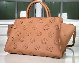 Zac Posen Floral Leather Handbag | Zac Posen Eartha East/West Satchel in tan-colored leather with removable strap and appliqué floral details - l. 14 in
