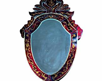 Contemporary Deep Red Trimmed Mirror With Gold Accents | Shield-shaped mirror with acrylic dark cranberry carved trim. Acanthus leaves and vine painted designs. - h. 46 x w. 29 x d. 1 in