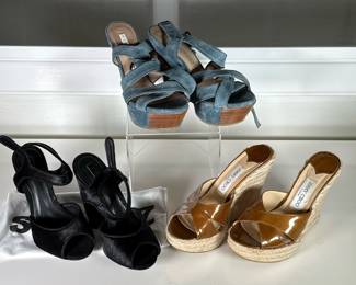 (3pc) Jimmy Choo, Pura Lopez, & Schutz Women’s Heels | Including a pair of brown patent and woven wedge heeled espadrilles (size 37), a pair of blue suede Pura Lopez heeled sandals (size 37), and a pair of new black Schutz "Pelo Liso Black" high heel sandals (size 7B)