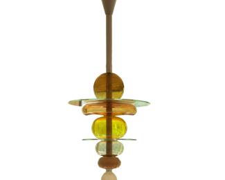 ETTORE SOTTSASS FIRENZE FOR VENINI ITALIAN MODERN YELLOW GLASS CHANDELIER | Ettore Sottsass Firenze for Venini pendant light hanging fixture, design c. 1993, having colored glass orbs supported by a central white metal structure - h. 38 x dia. 16 in