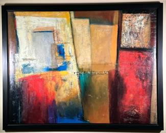 Michele Patrizio Framed Abstract Modern Giclee | After Michele Patrizio (Canadian, b. 1955), colorful abstract composition in a black frame, hand embellished, with signature bottom right (possibly in the print) - h. 39.25 x w. 50.25 in (overall)