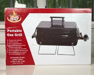 Portable Gas Grill By Barbeque Chef | 11000 BTU steel burner, folding legs, heavy gauge steel construction. Compatible with 1 lb. Propane tank.
Dimensions: h. 11.5 x l. 17 x d. 5 in (Box)