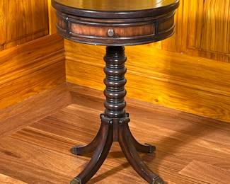 Small Round WOODEN Side Table by Hooker Furniture | Dark wood table made by Hooker furniture on a turned column over a four legged / quadruped base and painted gold tips. Faux drawer and faux leather inlay on top. - h. 27 x dia. 18 in