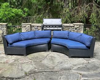 (2pc) Pair Curved Outdoor Settees | Woven black all-weather material with navy blue outdoor cushions
Dimensions: h. 30 x l. 90 x d. 35 in (each, approx.)