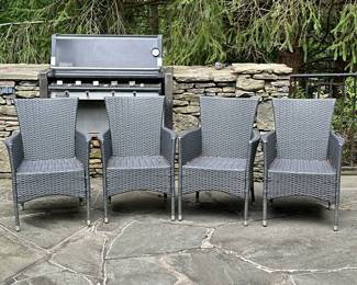 (4pc) WOVEN Outdoor Armchairs | Patio chairs, metal and all-weather resin wicker - h. 33 x w. 23.5 x l. 20 in