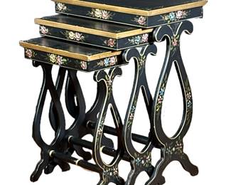 (3pc) Painted Nesting Tables | With flower painted boarders and aprons and gilt accents; smallest h. 24
Dimensions: h. 30 x w. 22 x d. 14 in (largest)