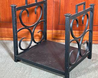 Scrolled Metal Fireplace Log Holder | Black metal firewood rack, having rectangular base and two side panels with decorative scrollwork - h. 16.25 x l. 16 x d. 14.25 in