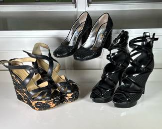 (3pc) Prada, Jimmy Choo, Rock & Republic Shoes | Women's high heel shoes, including a pair of black sparkly Prada heels (size 37), Jimmy Choo black laced cork wedge heels (size 37.5), and a pair of Rock & Republic black open toe stilettos with spike-form zipper pulls (size 37)