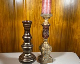 (2pc) Tall Carved Candlestick Holder And Vase | Brown with gold accents tall vase. Elaborate, carved gold composite pedestal candle holder. Candle included. - h. 29.5 x w. 7 in (Candle stick holder to top of candle.)