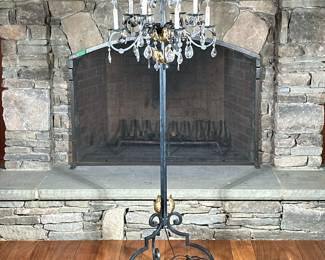 Fancy Scrolled Floor Lamp | With hanging crystal style glass and purple amethyst color drops - h. 64 x dia. 18.5 in