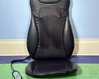 Brookstone Massage Chair Attachment | Black leather, padded shiatsu massage addition for your chair. Remote control includes shiatsu, rolling, upper, full, lower and heat. - w. 18 x l. 43 in