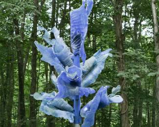 CHIHULY-STYLE BLUE GLASS OUTDOOR SCULPTURE | Outdoor blue glass sculpture with LED strip lights running throughout, mounted on composite stone-form base - h. 56 x w. 36 x d. 32 in (measured from top of composite base)