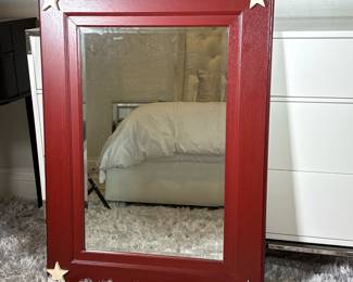 Star Red Painted Frame Beveled Glass Mirror | With metal wire on verso for hanging - h. 37.75 x w. 28 in (overall)