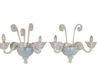 (2pc) PAIR BAROVIER MODERNIST SCROLL MURANO GLASS SCONCES | Opaline glass scones having central bowl and two arms with curling glass details - h. 15 x w. 17.25 x d. 9.25 in