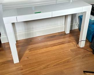 West Elm White Lacquered Desk Work Table | With two drawers that close flush with the surface. Made from engineered wood and white lacquer finish. - h. 30 x l. 47.75 x d. 24 in