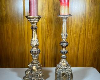 (2pc) Gilt Composite Candlesticks | A near pair, gilt carved style candlestick holders - h. 24.75 x w. 6.5 x d. 4.25 in (tallest)