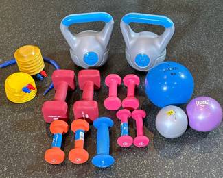(16pc) DUMBBELLS, KETTEL BELLS, & OTHER EXERCISE EQUIPMENT | Mixed lot including 1lb, 2lbs, 3lbs and 8lbs dumbells, pair of 10lb kettel bells, and mixed weighted exercise balls.