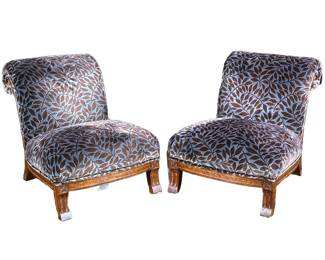(2pc) Custom Upholstered Scroll Slipper Chairs | With contemporary chic brown and blue leaf-patterned textured velvet upholstery over splayed wooden legs, with scrolled back rest and cushion - h. 32 x w. 25 x d. 37 in