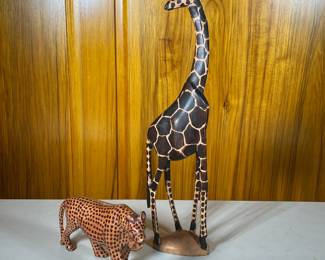 (2pc) Carved Wood Wild Animals Statues | Tall Giraffe and roaring leopard figures. - h. 23 x w. 3 x d. 5.5 in (Giraffe, 6” h leopard)