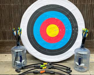 (7pc) Archery Set | Includes 4 bows and 30 arrows. Standard 5 color target is designed to hang.
Dimensions: w. 6 x dia. 48 in (Target)