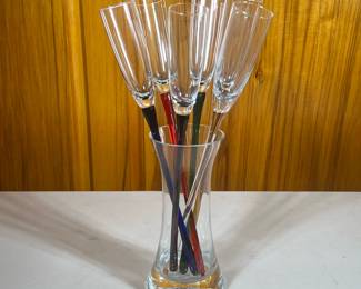 (7pc) Handblown Unique Tulip Champagne Glasses | Each tulip glass has a different colored handle/stem. Comes with a glass vase/container. - h. 10 x dia. 4.5 in (Vase, Each glass 17” long)