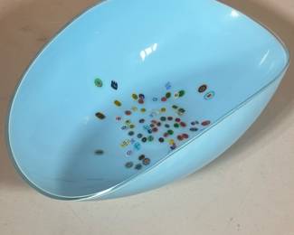 Millefiori Blue Large Oblong Art Glass Decorative Bowl by Yalos Casa Murano | Decorative glassware in which coloured glass rods are fused and cut to create flower patterns - h. 5.5 x w. 9.5 x l. 15.75 in
