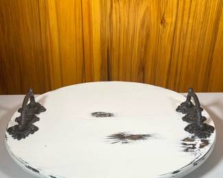 Rustic Chic Lazy Susan | Turntable of large size with white paint and mounted metal handles - dia. 24 in
