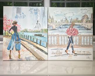 (2pc) Pair Parisian Giclees | Fashion scenes, on canvas. Lisel Long; both signed in the print bottom right.
Dimensions: h. 24 x w. 20 in (each)