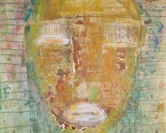 Large Format Modern ABSTRACT On Canvas | Abstract portrait in blues and greens, executed on canvas and float mounted in a wood frame, no apparent signature but not inspected on verso. 72 x 67.5 in canvas - h. 74.25 x w. 69.5 x d. 3.5 in (Frame)
