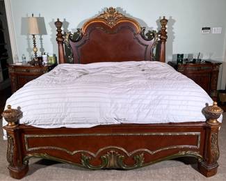Pulaski Royale Poster King Size Bed Frame | Regal collection by Pulaski having dusty, gold-painted overlays and multi-framed panels of floral medallions. Featuring shell and acanthus leaf molding; acanthus leaf and scroll pilaster shafts, capitals and feet; and book and butt cherry veneer on birch solids. Also having carved cap rail and turned carved post finial. Fits king size mattress (mattress measures approx. 78 x 72 in., not included) - h. 66 x w. 85 x l. 94 in (approx.)