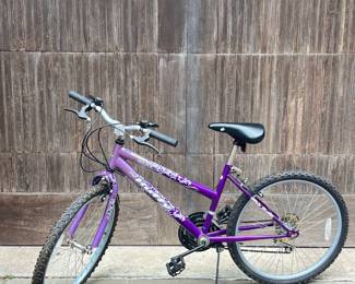 Girl’s Huffy Lakota Mountain Bike | Purple, 5-speed bike. Black adjustable seat, handle brakes.
Dimensions: h. 35 x w. 23 x l. 58 in