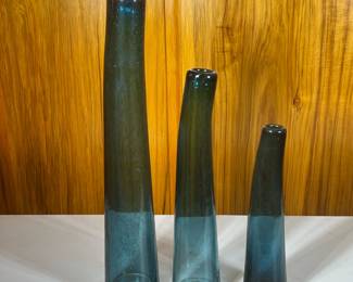 (3pc) Blue Glass Vases | Hand blown glass, no apparent signature - h. 19.5 x dia. 3.5 in (largest)