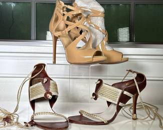 (2pc) Dior & Michael Kors Heels | Women's designer shoes, including a pair of wrap up Dior sandal heels (size 38.5) and a pair of tan patent open toe heels (size 8M)