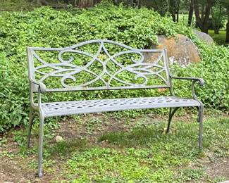 Cast Aluminum Outdoor Bench | Classic-style outdoor garden bench with scrolled backrest design and latticework seat - h. 32.5 x l. 50 x d. 24 in