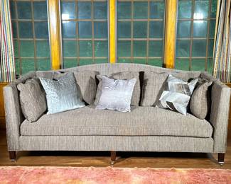 Long Contemporary Couch Baker Archtype | Part of the Motif Designs Furniture Collection by Vanguard Furniture. Straight legs with gold colored caster, with tall side armrests. Removable cushion has clips. Silky / chenille upholstery in earthy tones of ribbed, textured material. Plus eight decorative throw pillows included, as pictured, some of matching upholstery - h. 38 x l. 91 x d. 35.5 in