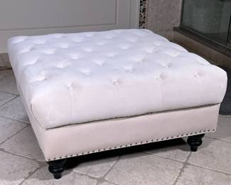 Chic White Ultrasuede Tufted Ottoman | Large square white or off white ottoman - h. 17.75 x w. 35.5 x d. 33.5 in