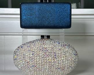 (2pc) Wyatt & Sondra Robert’s Evening Clutches | Including rectangular clutch with metallic blue textured finish and clasp closure and ovular clutch with iridescent beads and clasp closure; plus a Francesco Biasia purse mirror - l. 6.5 in (Wyatt)