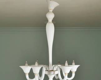 MURANO GLASS MID-CENTURY ELEGANT CHANDELIER | Contemporary Italian Murano glass chandelier having 6 lights, tiered central support, handblown in bianco latte white and clear cristallo accents. - h. 44 x w. 29 x d. 29 in