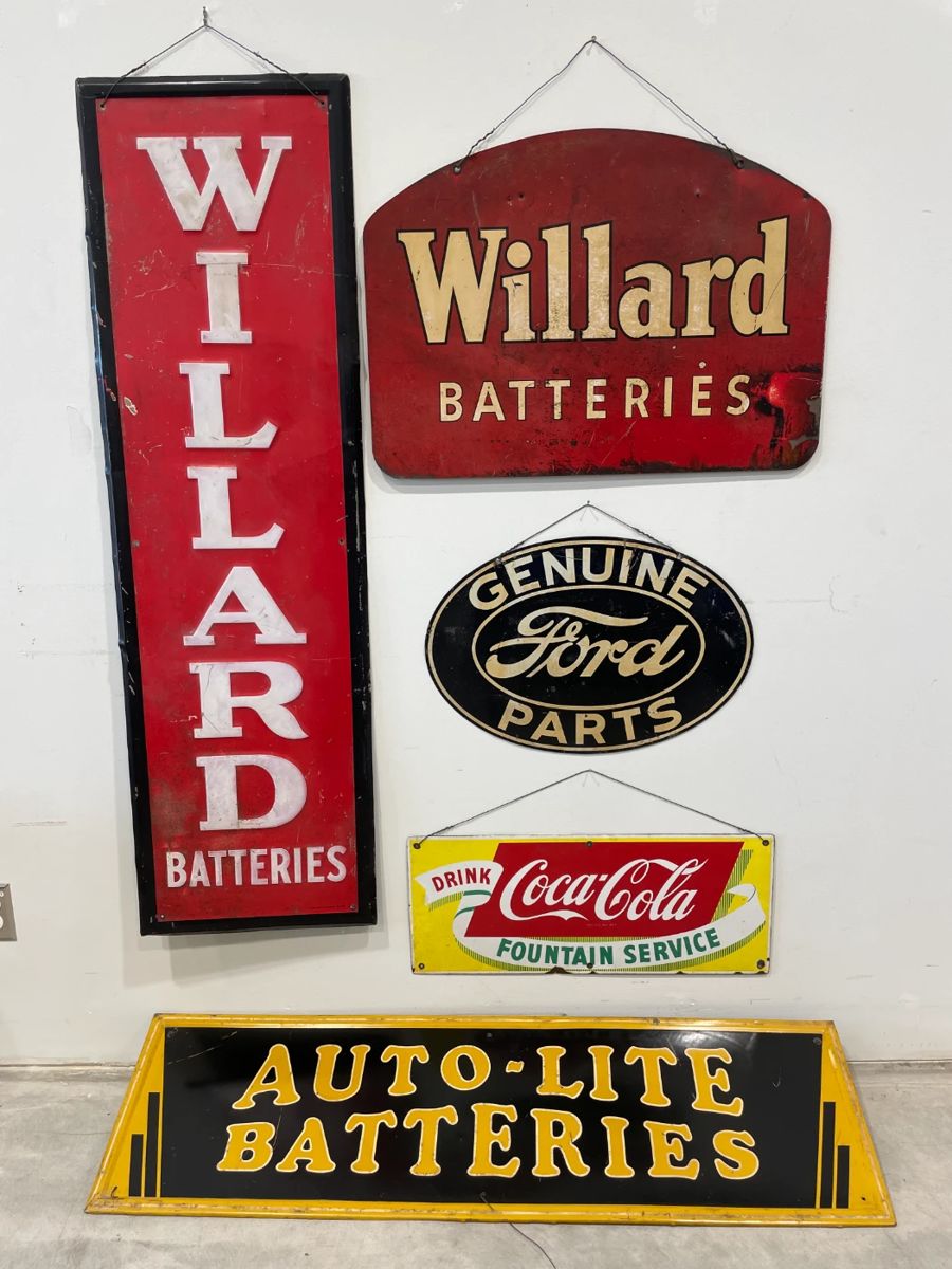 Collection of Advertising Signs, incl. 1949 Tall 5 Foot Willard Batteries Metal Advertising Sign, Genuine Ford Parts Sign, Coca Cola Fountain Service Sign, Etc.