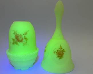 Fenton Satin Uranium Glass Bell & Fairy Lamp