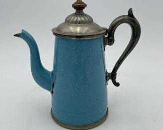 Small Blue Granite & Pewter Coffee Pot with Goose Neck Spout