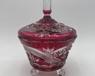 Ruby Cut to Clear Covered Candy Dish