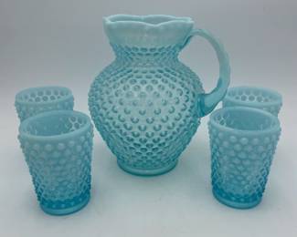 Fenton Blue Opalescent Hobnail Water Set