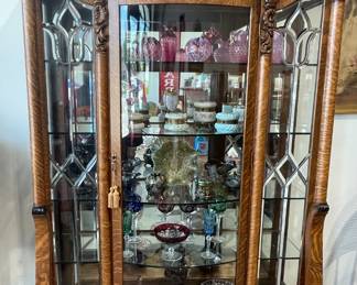 Tiger Oak Claw Foot Leaded Curved Glass China Cabinet, Fine Glassware, China, Wavecrest, Carnival Glass