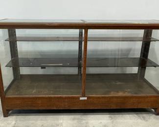Oak Display Case with Original Wooden Shelves, Double Sliding Glass Doors