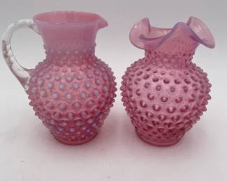 2 Fenton Cranberry Opalescent Hobnail Vase & Pitcher