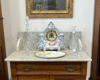 Oak Marble Top Washstand, China Clock, Waterford Crystal, Original Framed Print in Gold Leaf Frame