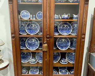 Walnut Bookcase with Original Wavy Glass, Large Set of Copeland Spode's Tower Dinnerware and Serving Pieces
