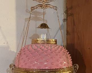 Beautiful Antique Brass Victorian Hanging Lamp with Pink Hobnail Shade, Prisms