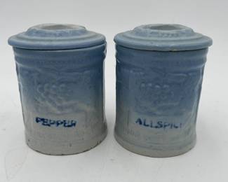 2 Blue Stoneware Spices, "Grapevine on Fence"